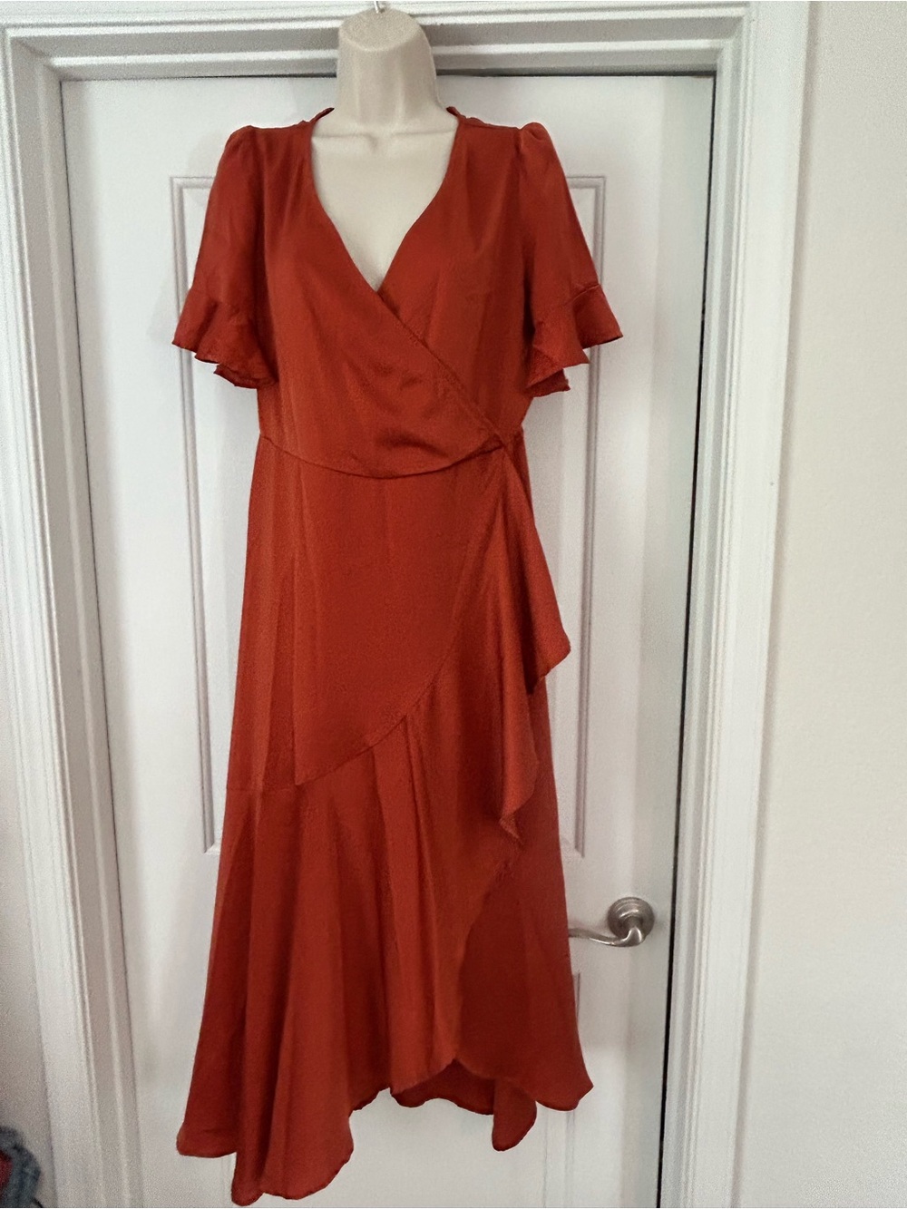 SHEIN Rust Wrap Midi Dress with Ruffle Sleeves